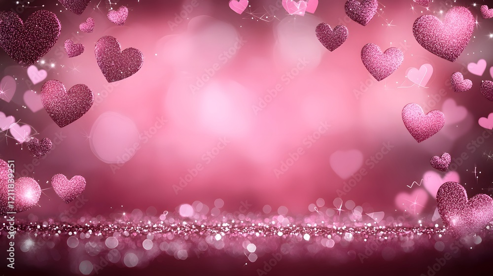Poster Enchanting Valentine s Day background featuring a scattering of lustrous 3D hearts with a smooth reflective texture against a soft pastel pink backdrop creating a dreamy