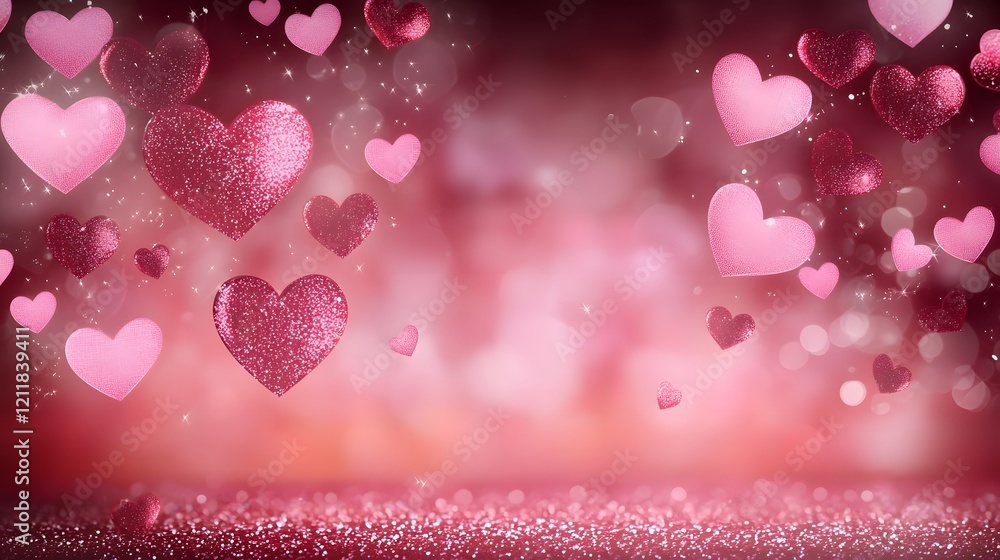 Aufkleber glossy and shimmering red and pink hearts floating gracefully on a vibrant pink and orange gradient 