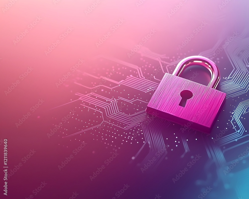 Poster a captivating digital concept featuring a metallic padlock on a glowing circuit board. this image re