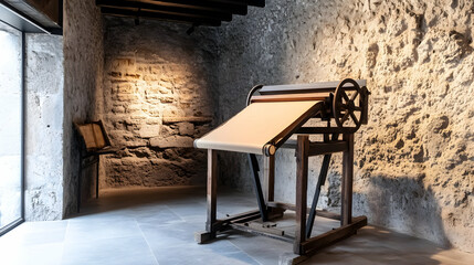 Antique paper-making machine in stone building museum exhibit