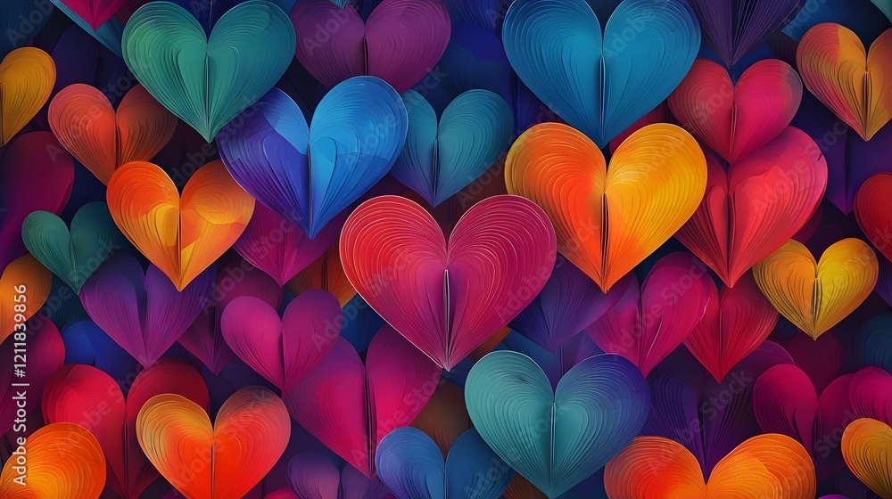 Poster elegant and colorful floral paper hearts background with soft glowing effect for romantic and themes