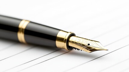 Fototapeta premium A close-up of an elegant fountain pen resting on lined paper, highlighting its intricate nib design, Ideal for use in writing articles, stationery promotions, elegant branding