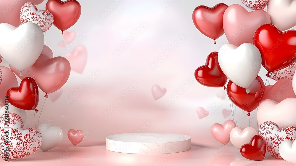 Aufkleber romantic valentine s day sale template background with floating red and white heart shaped balloons 