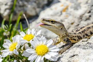 Fototapeta premium A goanna basking on sun-warmed rocks in the Australian bush, its tongue flicking out in search of scents