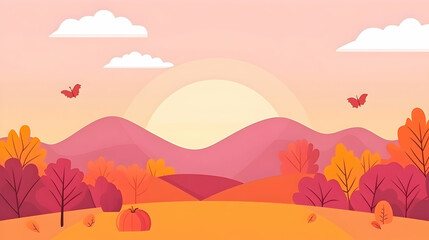 Autumn sunset landscape with pumpkins and butterflies; idyllic fall scene, perfect for seasonal greeting cards