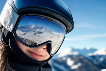 Close-Up of Winter Sports Enthusiast Reflecting Snowy Mountains in Goggles
