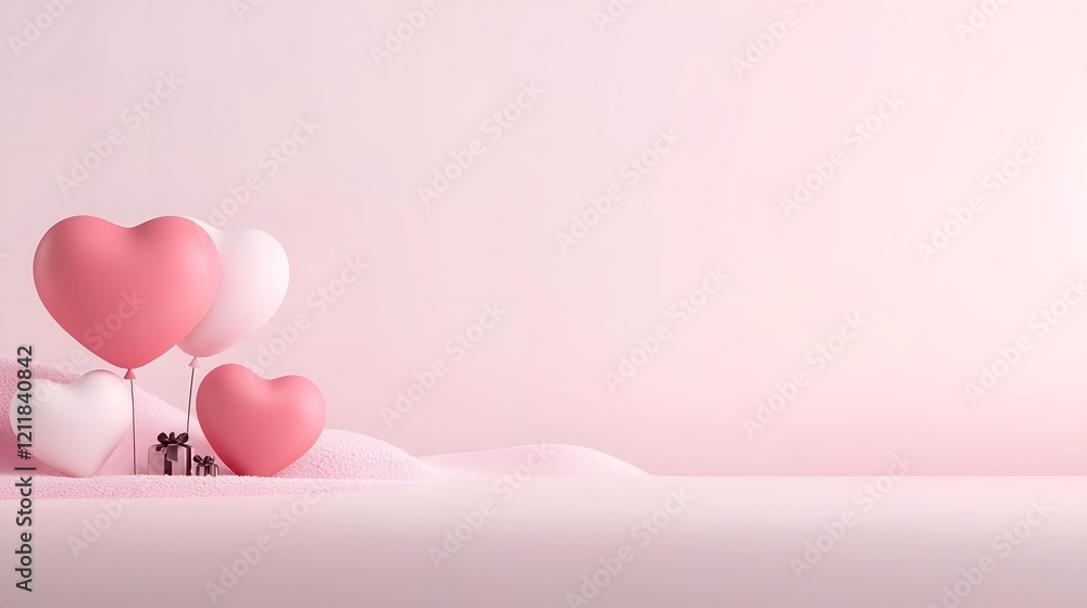 Poster romantic heart shaped pink and white balloons floating gently against a soft pink backdrop creating 