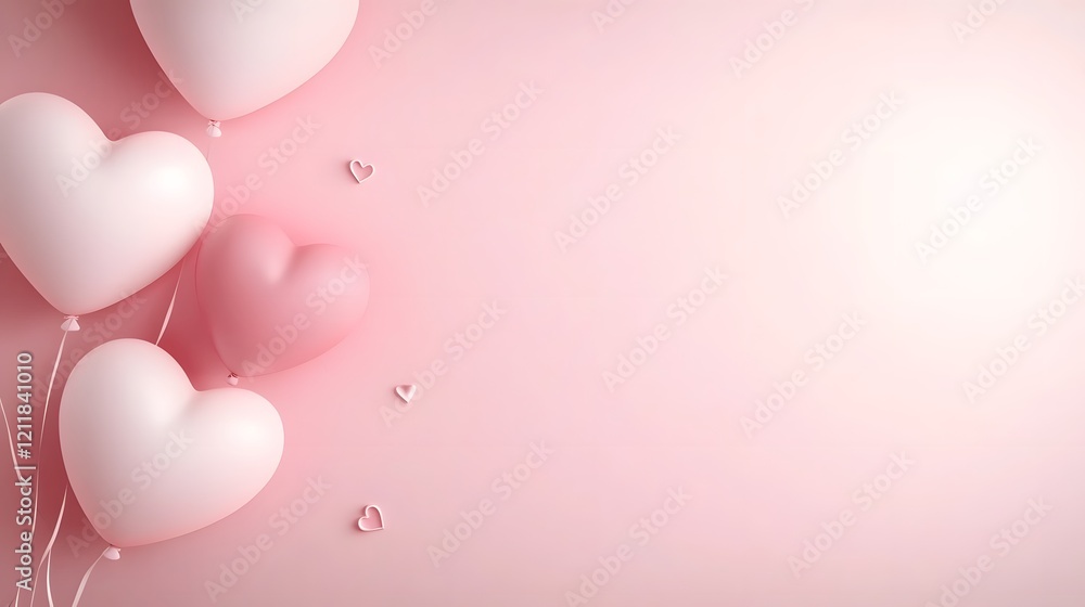 Poster vibrant and cheerful 3d rendering of pink and white heart shaped balloons floating on a bright paste