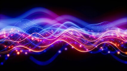 Naklejka premium 3d render. Abstract futuristic background with blurry glowing wave and neon lines. Spiritual energy concept, digital fantastic wallpaper with vibrant flow, mystic aura, and cyber elements.