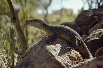 Obraz premium A goanna basking on sun-warmed rocks in the Australian bush, its tongue flicking out in search of scents