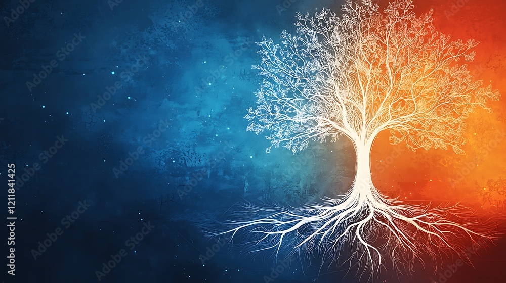 Poster vibrant abstract tree with roots and colorful background