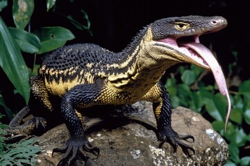Obraz premium A goanna basking on sun-warmed rocks in the Australian bush, its tongue flicking out in search of scents