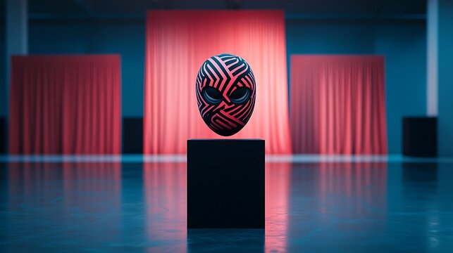 Futuristic mask levitates on cube, red curtains backdrop; art exhibit