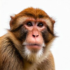 Close up of a macaque on a white background.
