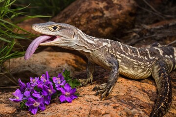 Naklejka premium A goanna basking on sun-warmed rocks in the Australian bush, its tongue flicking out in search of scents