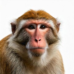 Close up of a macaque on a white background.