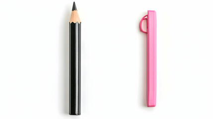Black pencil and pink sharpener on white background; stationery supplies; education, art