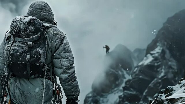 A mountain climber at the peak of the mountain
