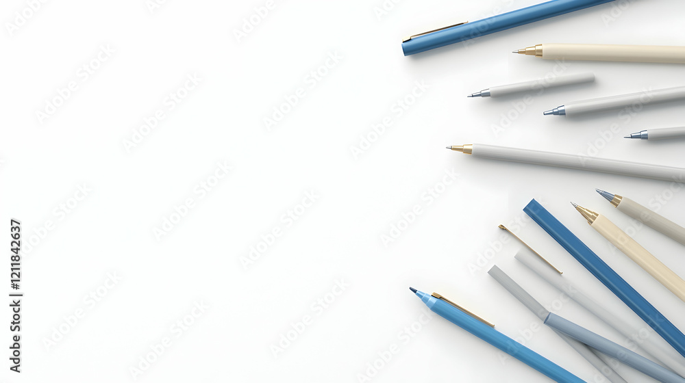 Poster blue and beige stationery on white background; ample copy space; website header or blog post image