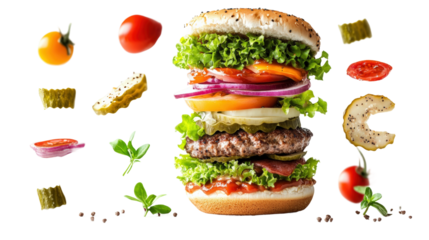 Delicious stacked burger with fresh toppings and vibrant ingredients displayed artistically isolated on transparent background