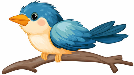 Blue bird perched on branch, cartoon style, white background, children's illustration
