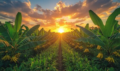 Banana plantation sunset; vibrant, idyllic scene.