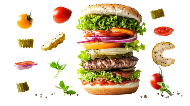 Delicious stacked burger with fresh toppings and vibrant ingredients displayed artistically isolated on transparent background
