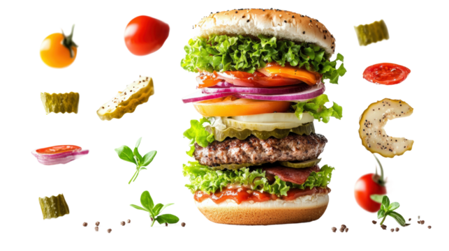 Delicious stacked burger with fresh toppings and vibrant ingredients displayed artistically isolated on transparent background