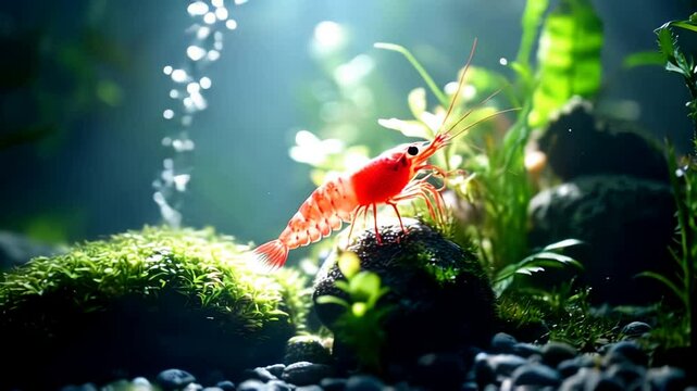 Vibrant Red Shrimp in Lush Planted Aquarium: A Serene Underwater World