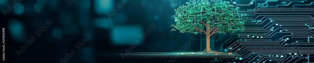 Poster a captivating digital tree emerges from a computer circuit board, symbolizing the fusion of technolo