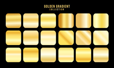Golden gradients set. Metallic gold gradients. Elegant gold gradients collection.The texture of a smooth metal surface. A collection of gold metallic gradients. Vector illustration