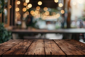 Empty Wooden Table in Front of Blurred Background of Coffee Shop with Bokeh