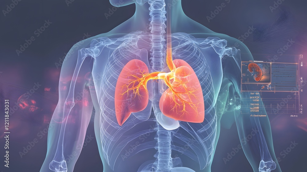 Poster clear and precise 3d visual of human heart and lungs anatomy with a subtle blue color scheme focusin