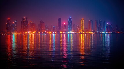Fototapeta premium Vibrant city skyline at night reflecting in water, showcasing colorful lights and urban life