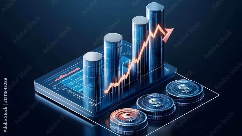 Poster Isometric 3D digital finance chart with upward trending arrows and data display representing investment growth money profit and business success   designed for financial analysis