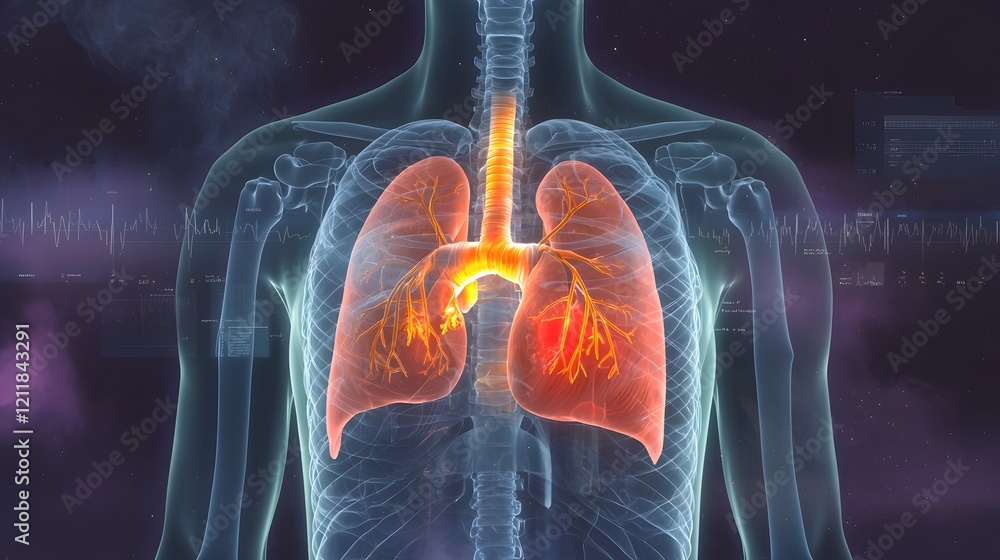 Poster Highly detailed and anatomically accurate 3D rendering of the human heart and respiratory system highlighted with soft blue tones to create a calming and scientific visual for educational medical