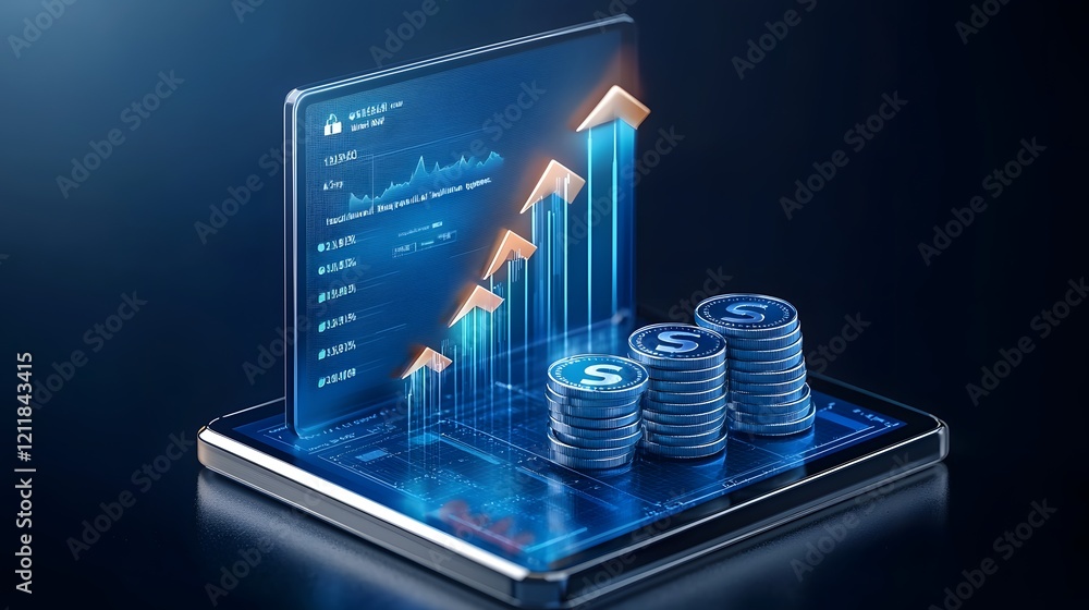 Poster futuristic 3d finance growth chart with upward arrows and digital display representing investment mo