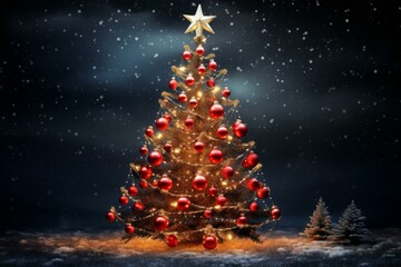 Decorated christmas tree with red ornaments and golden lights illuminating snowy winter landscape at night