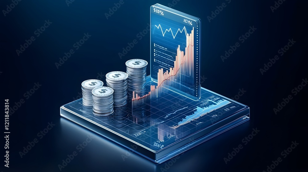 Poster Digital 3D Financial Business Success Analytics and Growth Chart Presentation  Upward trends and money profit indicators ideal for financial strategy planning and analysis