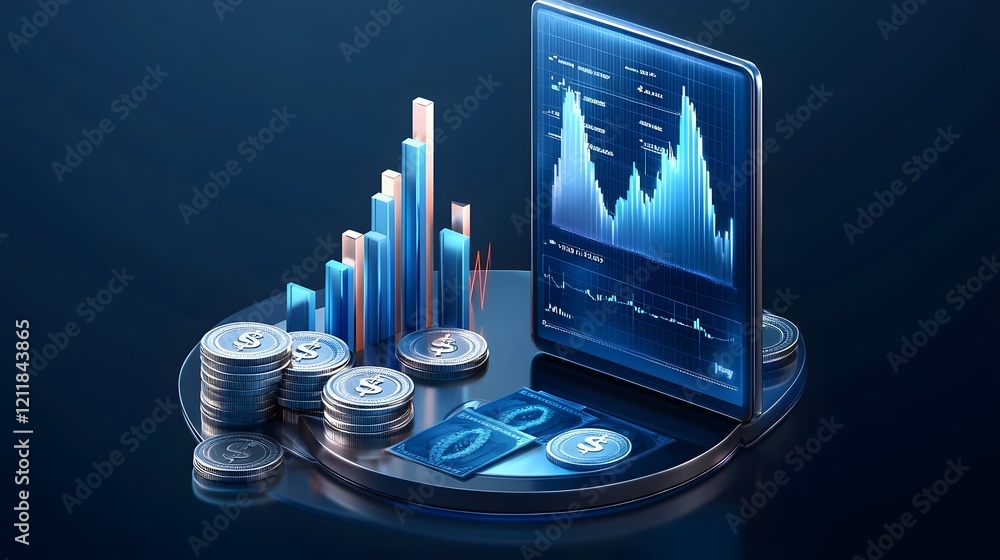 Poster Digital Display of Financial Business Success with Upward Trending 3D Growth Chart Money Profit Indicators and Data Visualization Ideal for Financial Strategy Presentations and Analysis