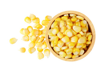 Corn seeds in wooden bowl isolated on white background. Top view. Flat lay.