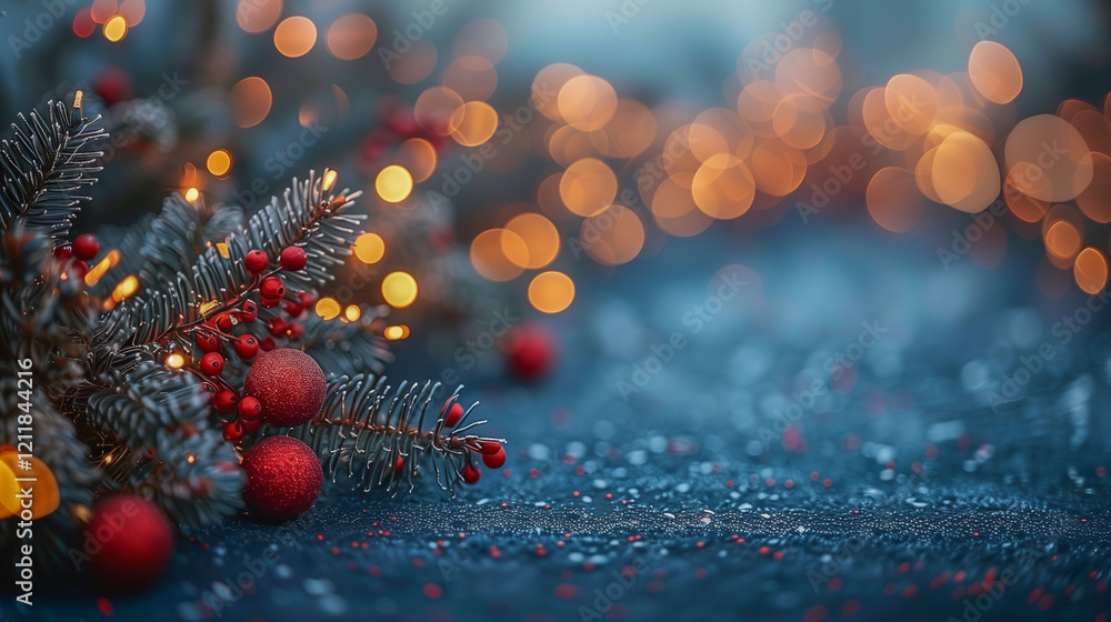 Poster festive pine branches with red ornaments and bokeh lights..