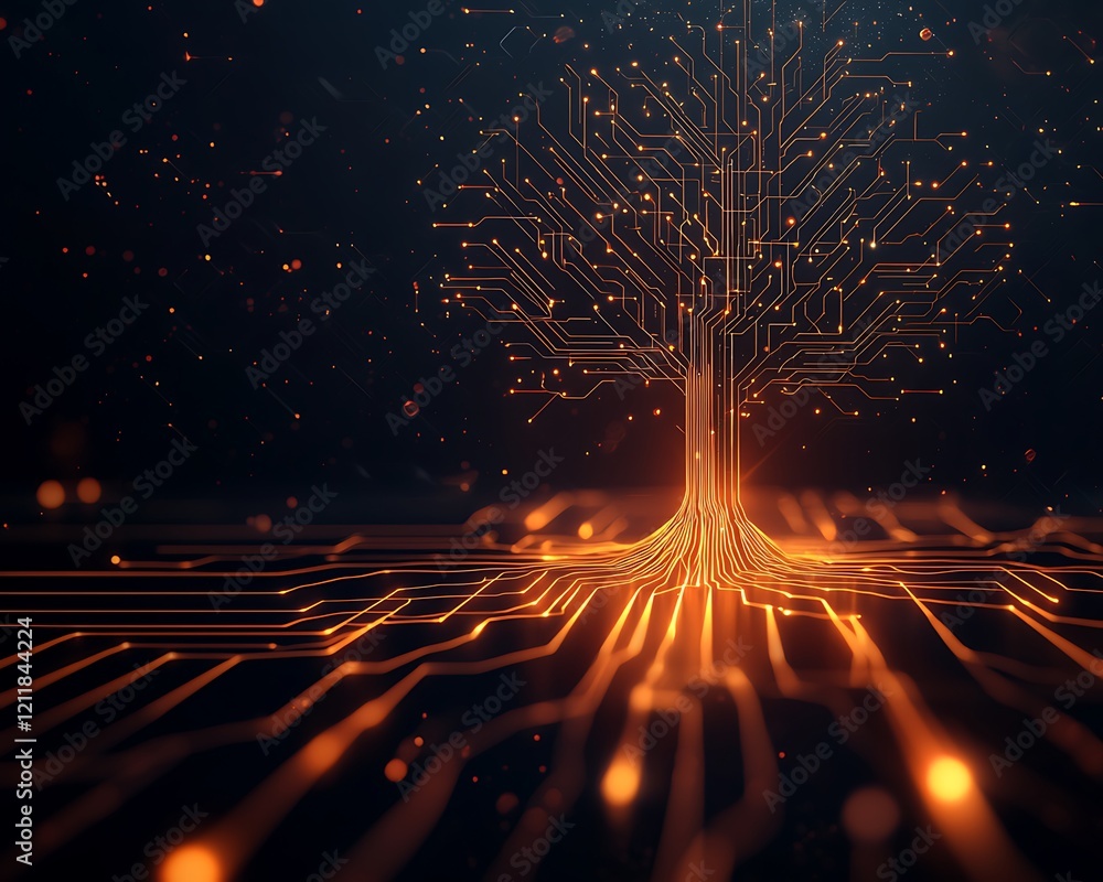 Poster a captivating digital tree image showcasing intricate circuit patterns and glowing lights, symbolizi