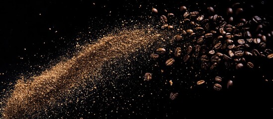 Fototapeta premium Falling coffee beans and ground powder on a black background with copy space for your design