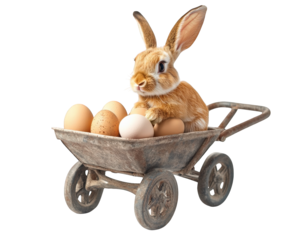bunny delivering eggs in wheelbarrow, showcasing playful and whimsical scene. rabbit sits among various eggs, creating charming and festive atmosphere