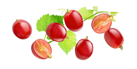 Red grape with leaf isolated on transparent background.