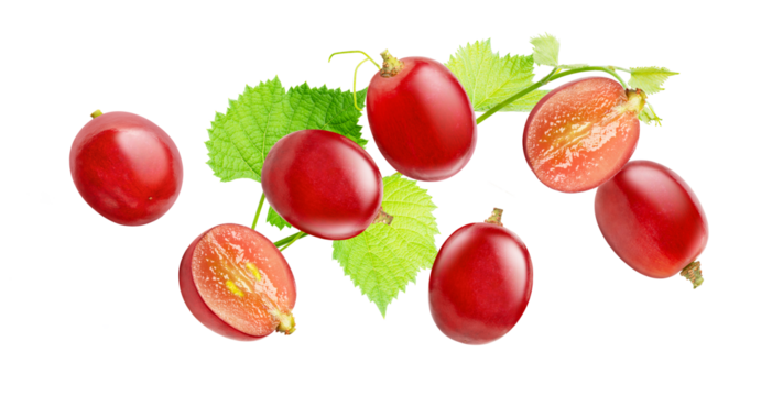 Red grape with leaf isolated on transparent background.