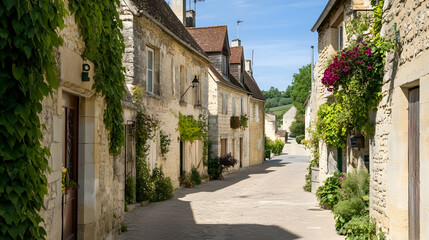 Fototapeta premium Charming French village street, sunny day, stone houses, lush greenery, idyllic background, perfect for travel brochures