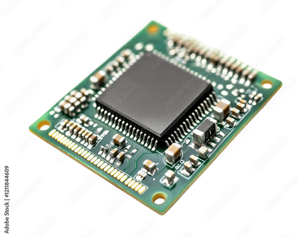 Poster microchip on green circuit board, showcasing intricate electronic components and connections. ideal 