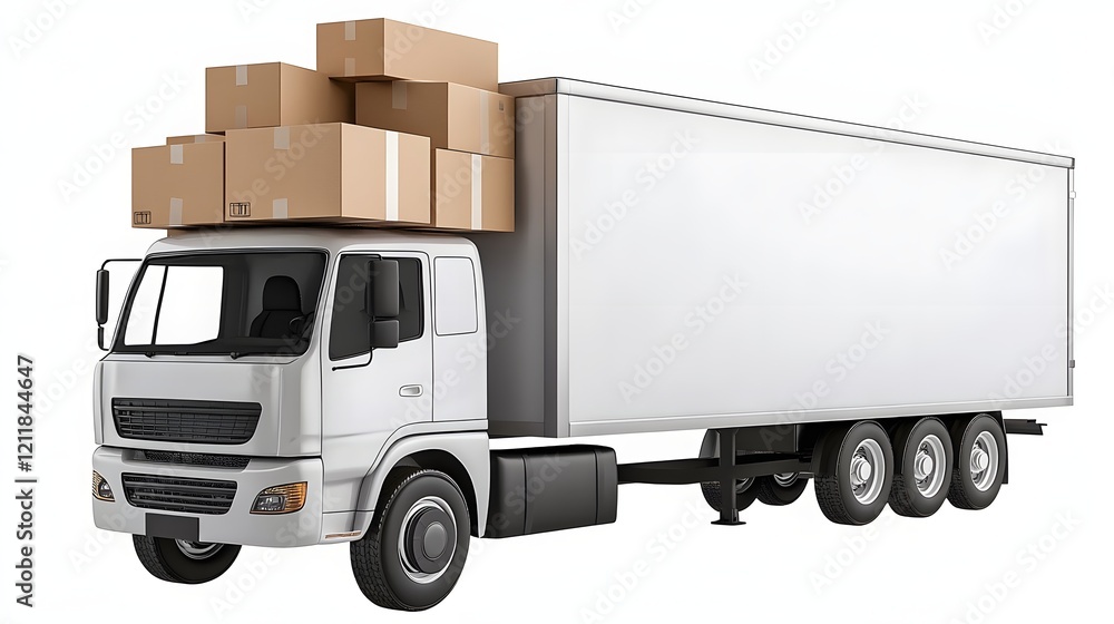 Poster 3D rendering of a delivery truck transporting a stack of cardboard boxes against a clean white background  Ideal for presentations and visuals related to logistics shipping delivery services